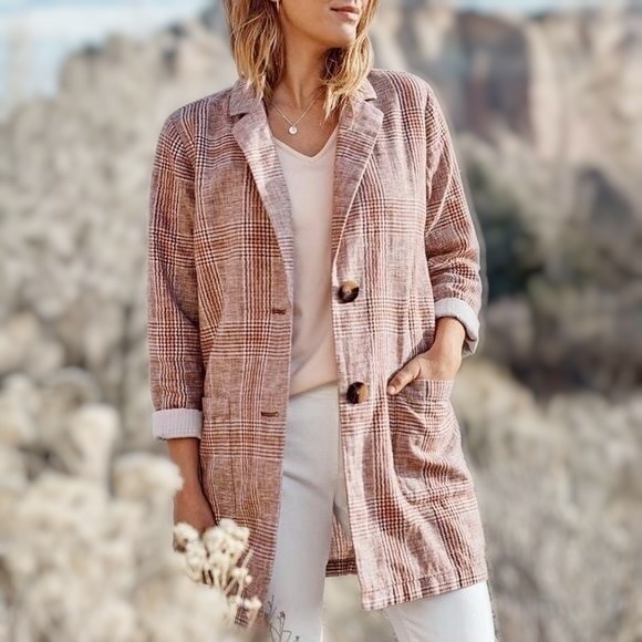 J. Jill Jackets & Blazers - J. Jill Harper Henna Plaid Plaid Linen Cotton Oversize Blazer Jacket Size Medium